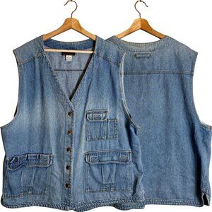 Vintage 100% Cotton Denim Safari Utility Vest Womens 3X Jean Medium Wash Pockets